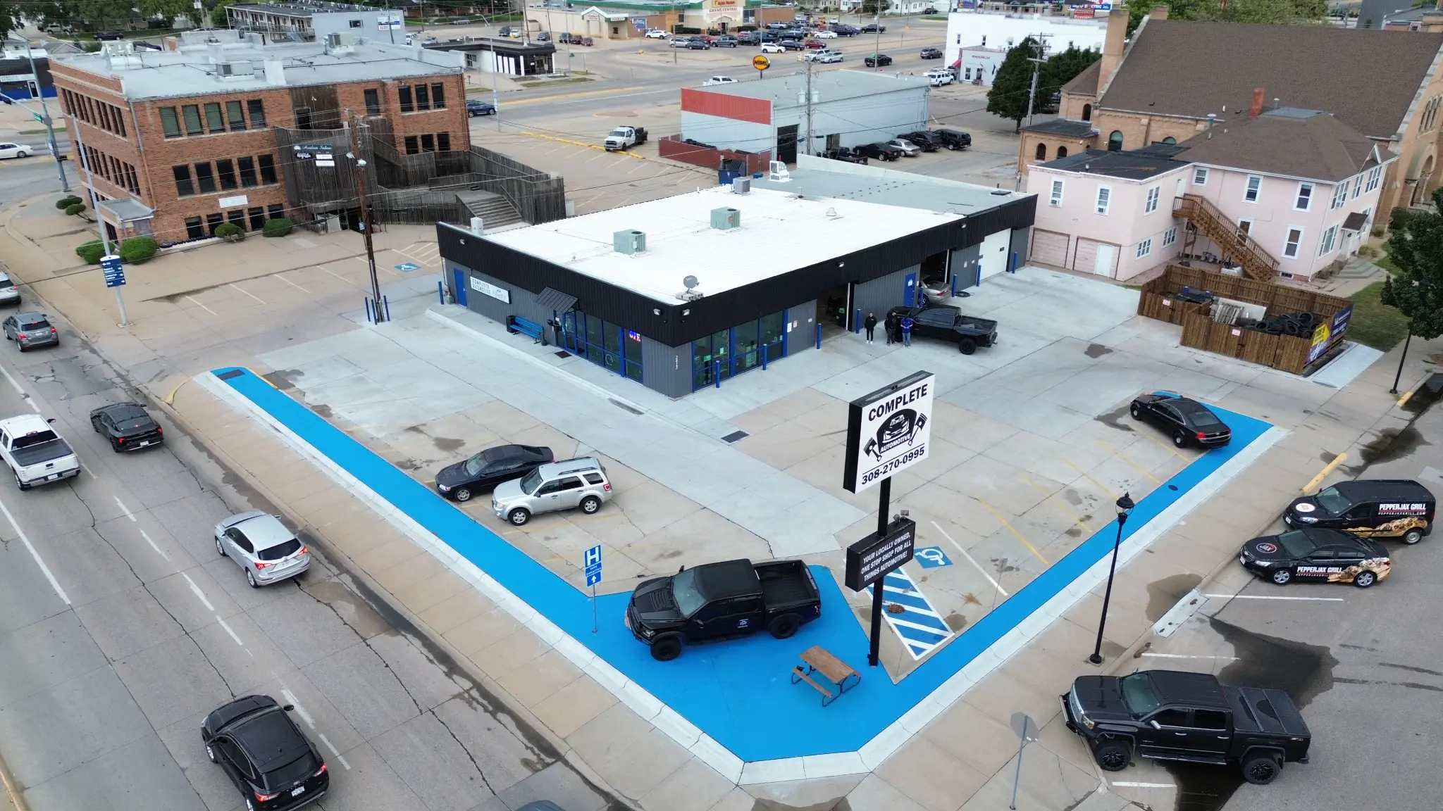 Aerial view of Complete Automotive and Tires at 2415 2nd Avenue in Kearney, Nebraska
