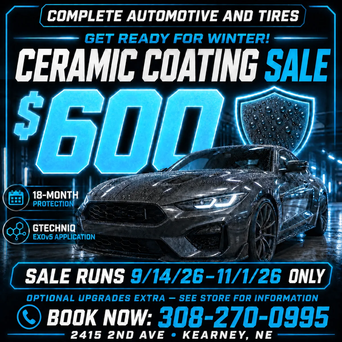 $600 18-month Gtechniq EXOv5 ceramic coating sale from September 14 through November 1, 2026 at Complete Automotive and Tires
