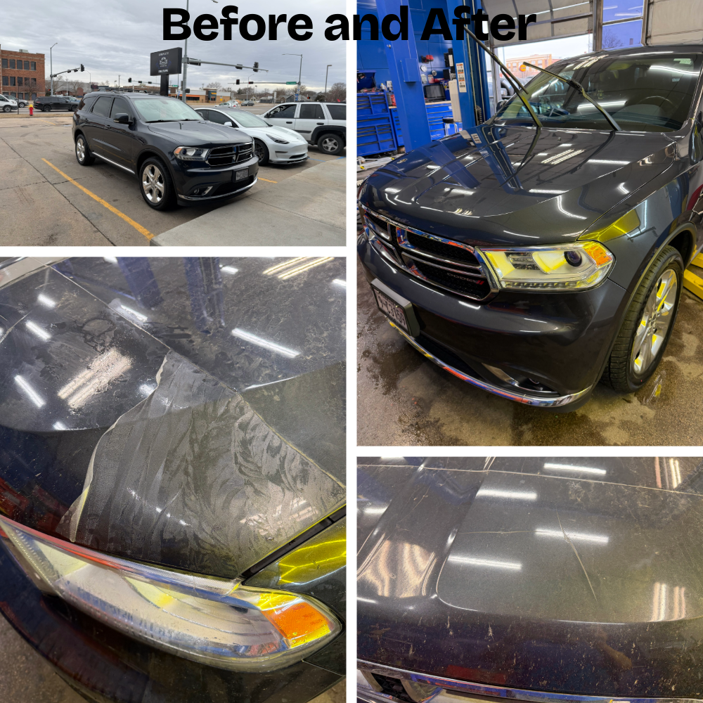 Before-and-after collage of a Dodge Durango showing the vehicle exterior and hood before and after detailing