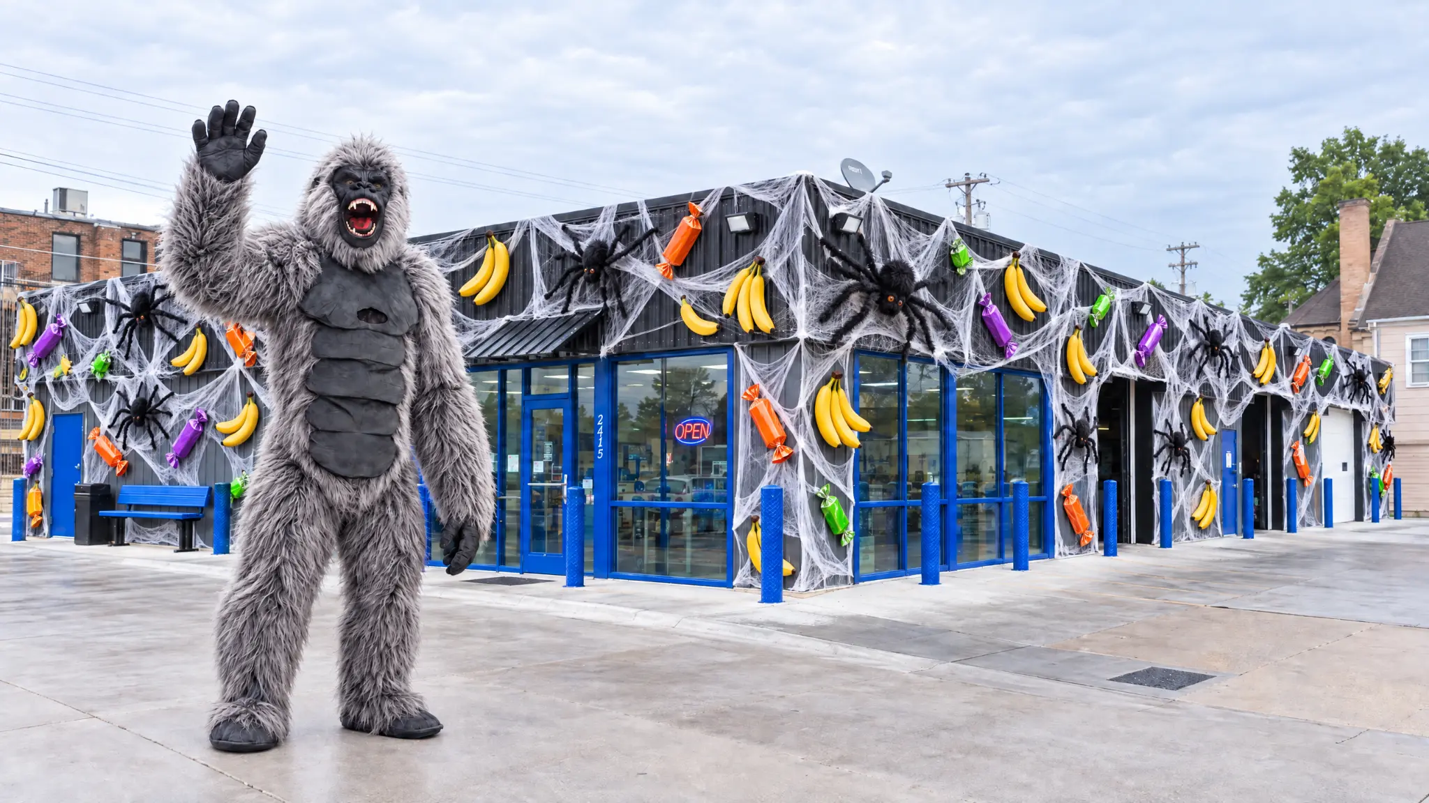 Halloween-themed image of a gorilla character in front of the shop's decorated entrance