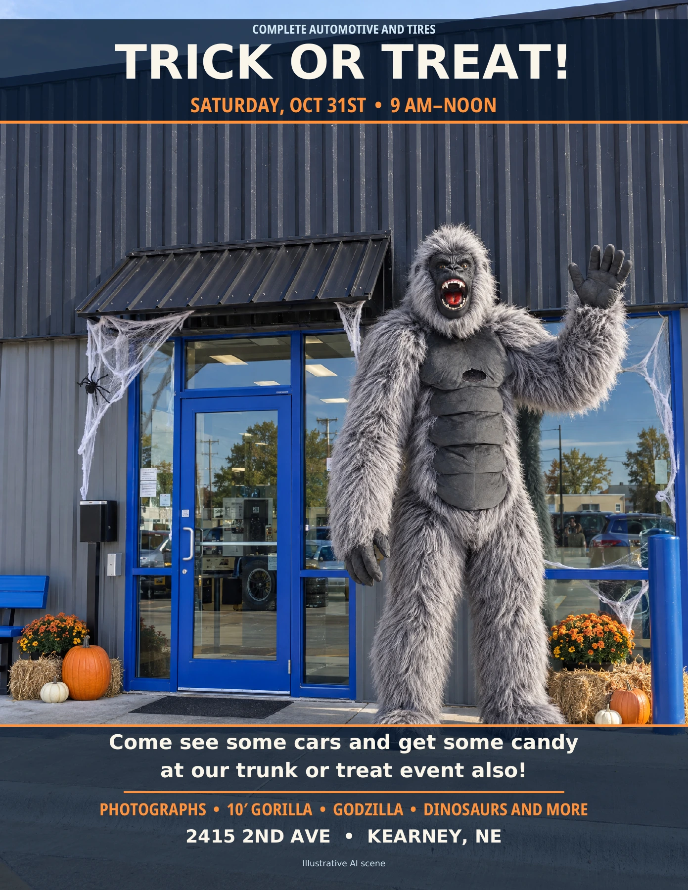 Halloween 2026 trick-or-treat and trunk-or-treat flyer: cars, candy and photo opportunities with a 10-foot gorilla, Godzilla and dinosaurs, Saturday October 31 from 9 AM to noon at 2415 2nd Ave, Kearney
