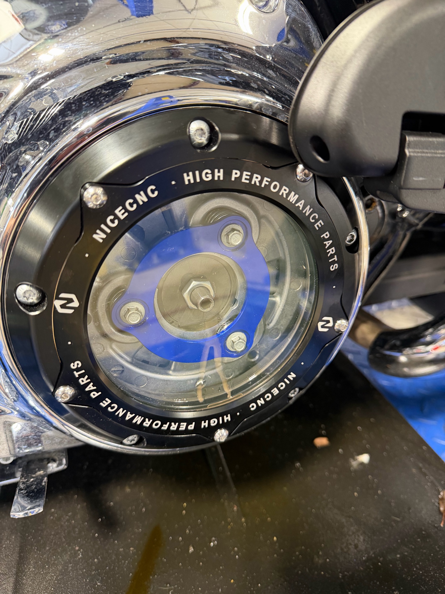Front close view of a clear motorcycle engine cover
