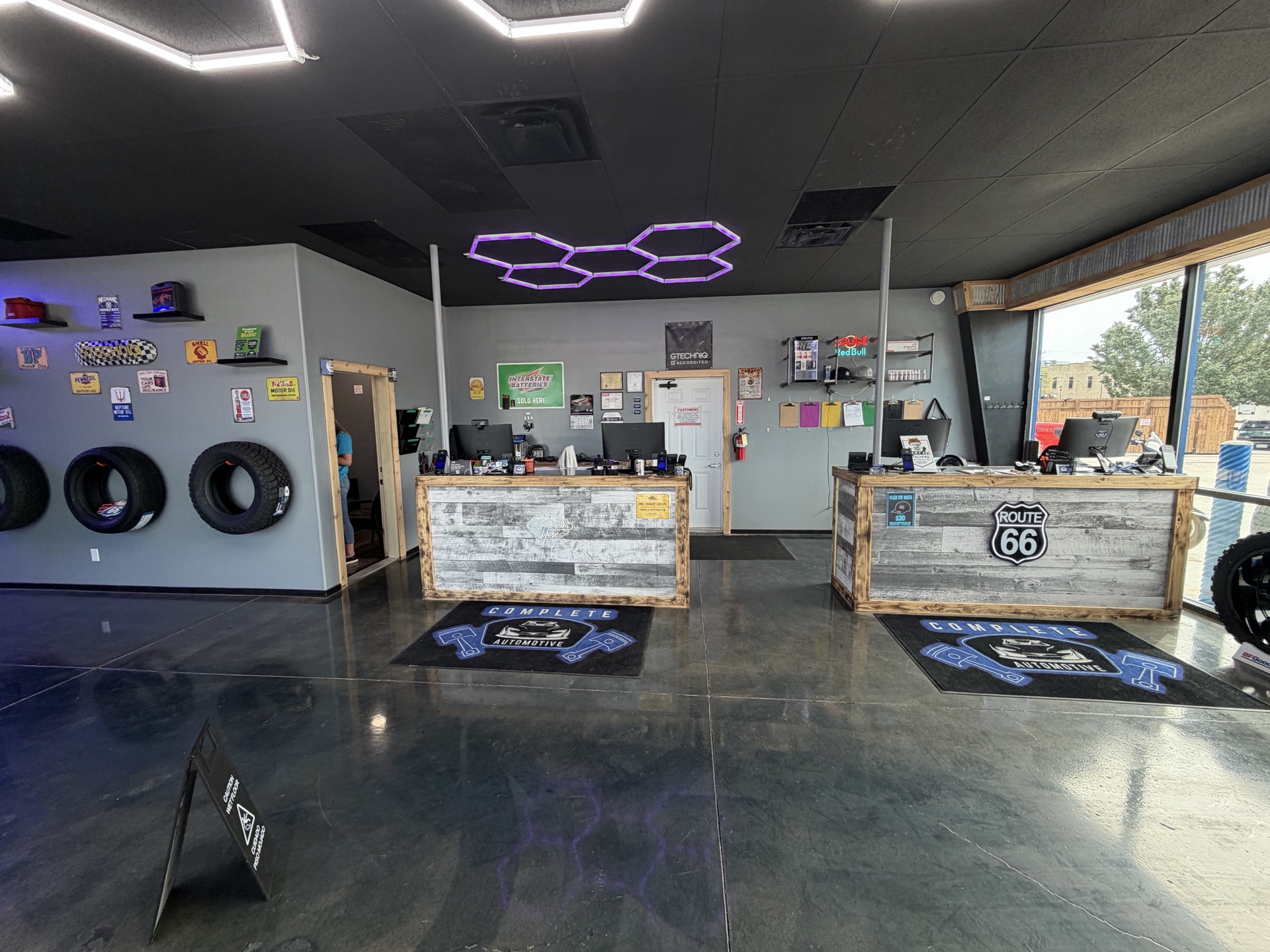 Reception, tire display, and showroom